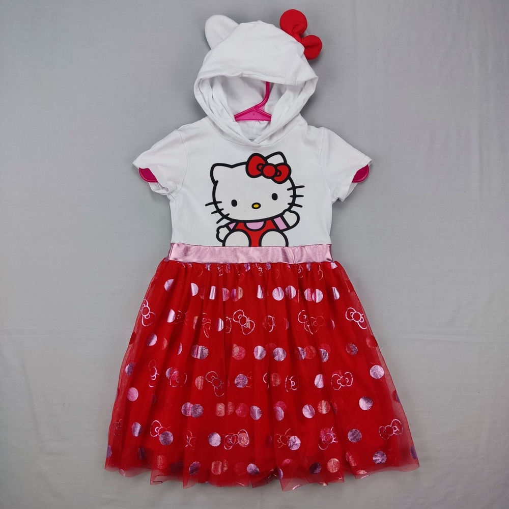 Hello Kitty Hooded Dress Girls 6/7 White Red Sanrio Tulle Skirt Polka Dot Bow